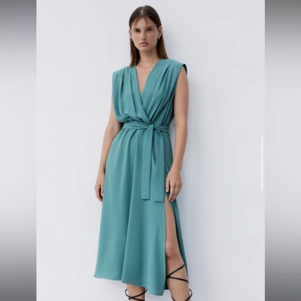Zara sea green belted wrap dress - Picture 1 of 4